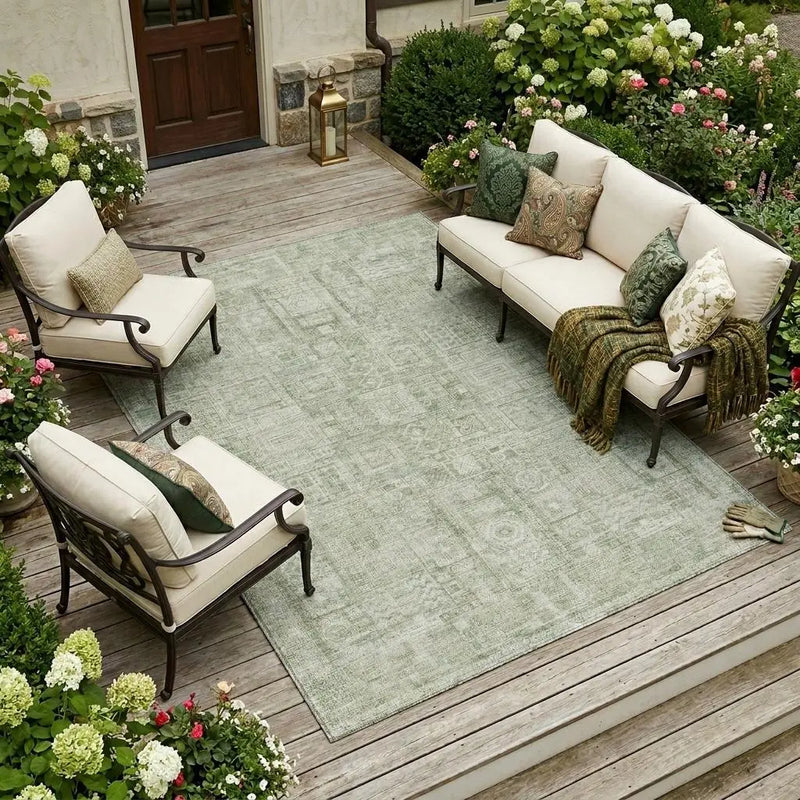 10' X 14' Green And Beige Oriental Washable Indoor Outdoor Area Rug Homeroots Outdoor