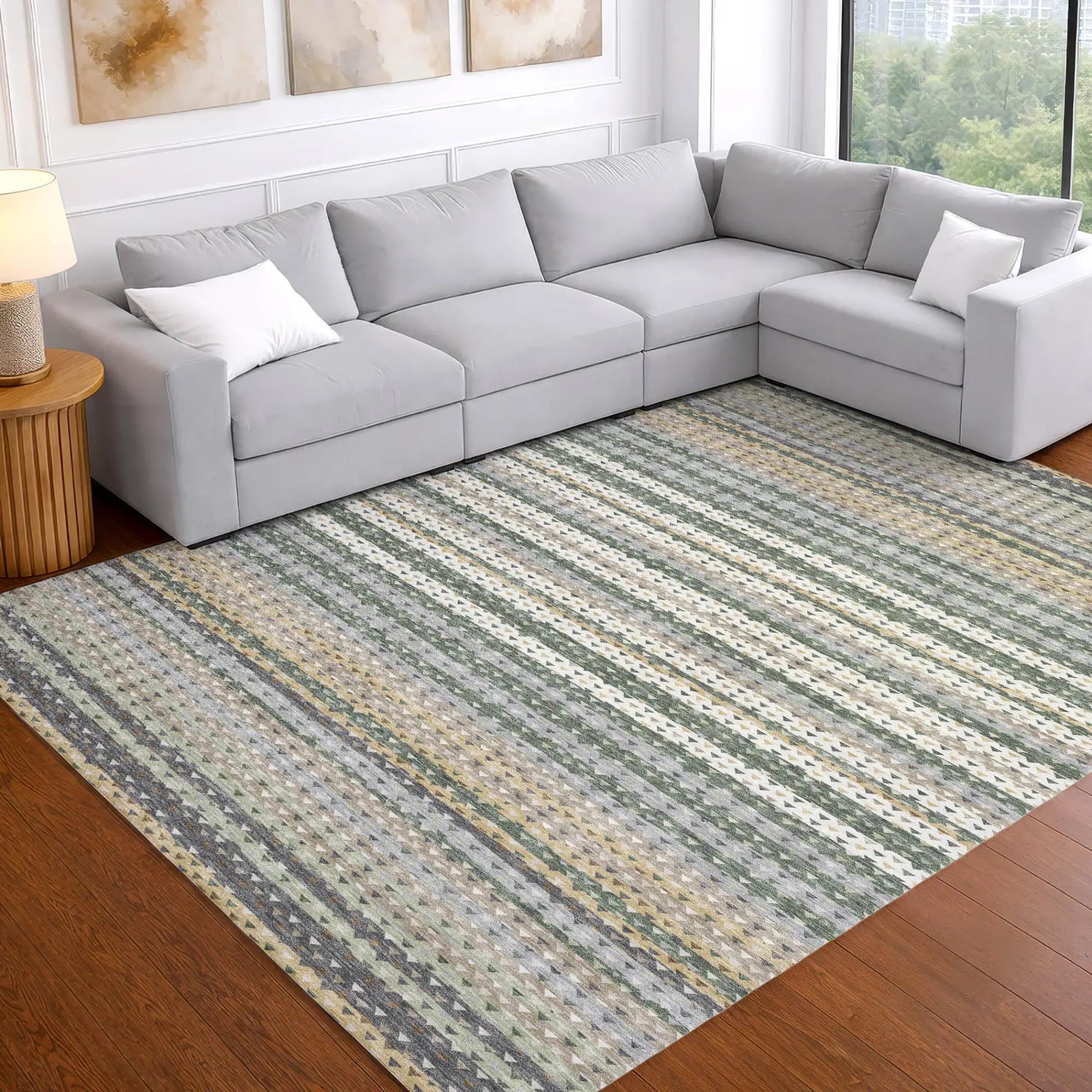 10' X 14' Green And Beige Striped Washable Indoor Outdoor Area Rug Homeroots Outdoor