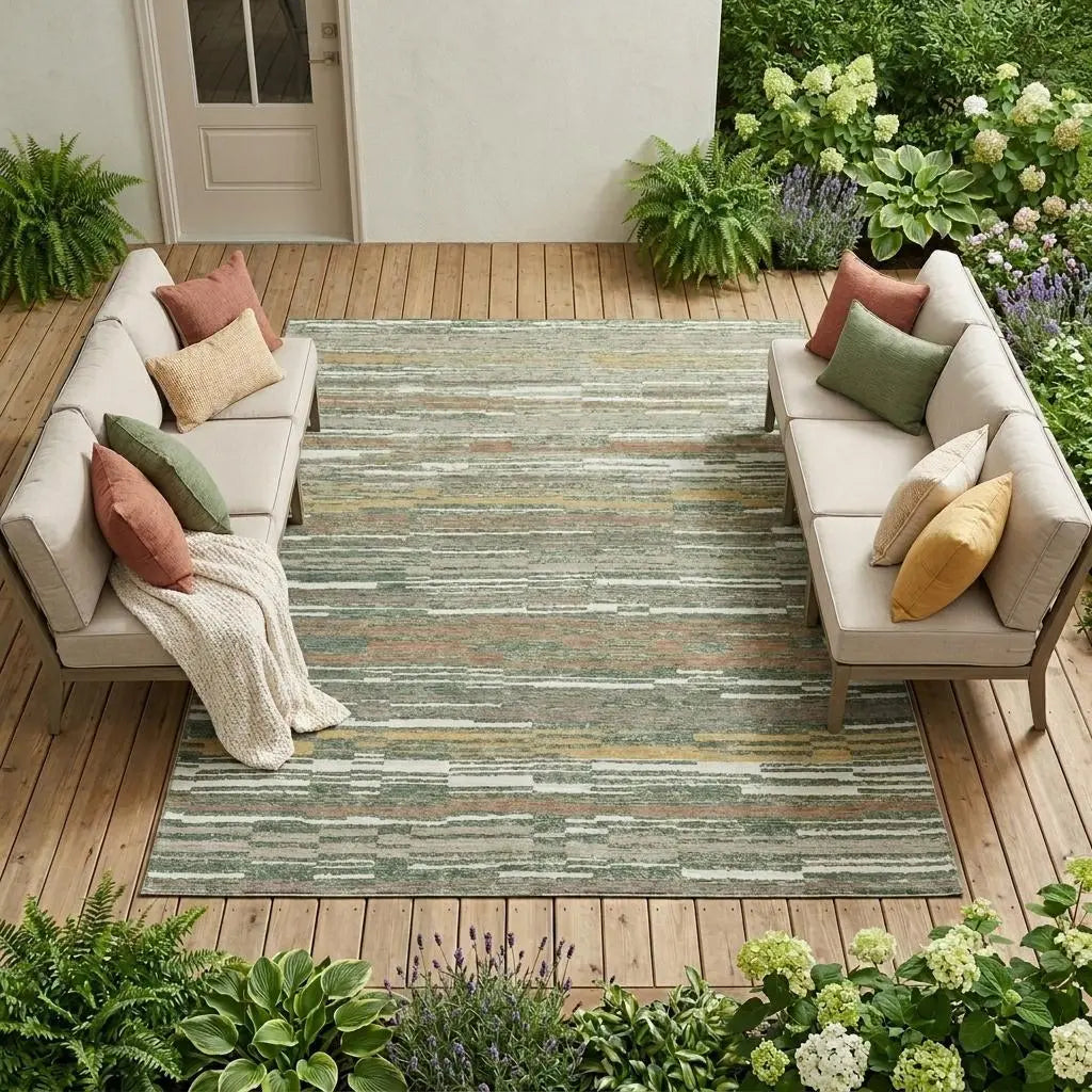 10' X 14' Green And Beige Striped Washable Indoor Outdoor Area Rug Homeroots Outdoor