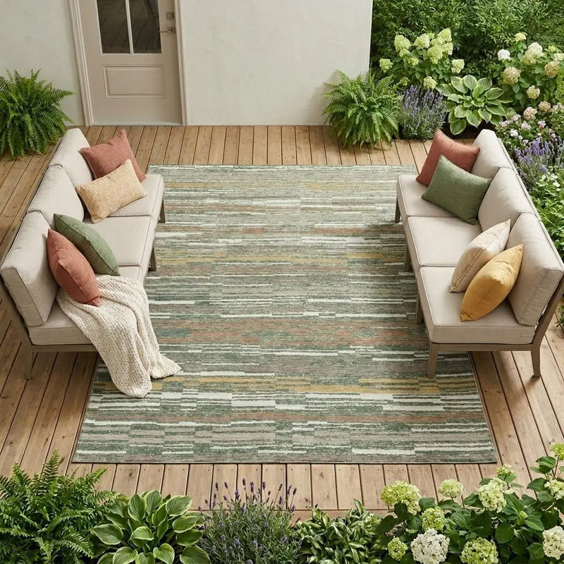 10' X 14' Green And Beige Striped Washable Indoor Outdoor Area Rug Homeroots Outdoor