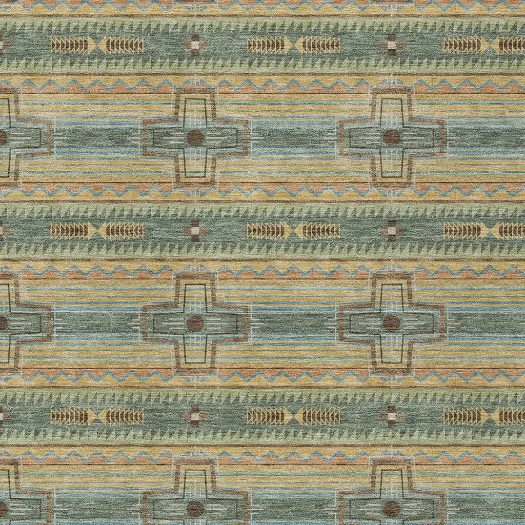 10' X 14' Green And Beige Tribal Washable Indoor Outdoor Area Rug Homeroots Outdoor