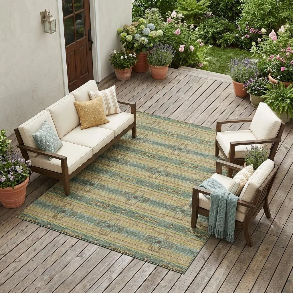 10' X 14' Green And Beige Tribal Washable Indoor Outdoor Area Rug Homeroots Outdoor