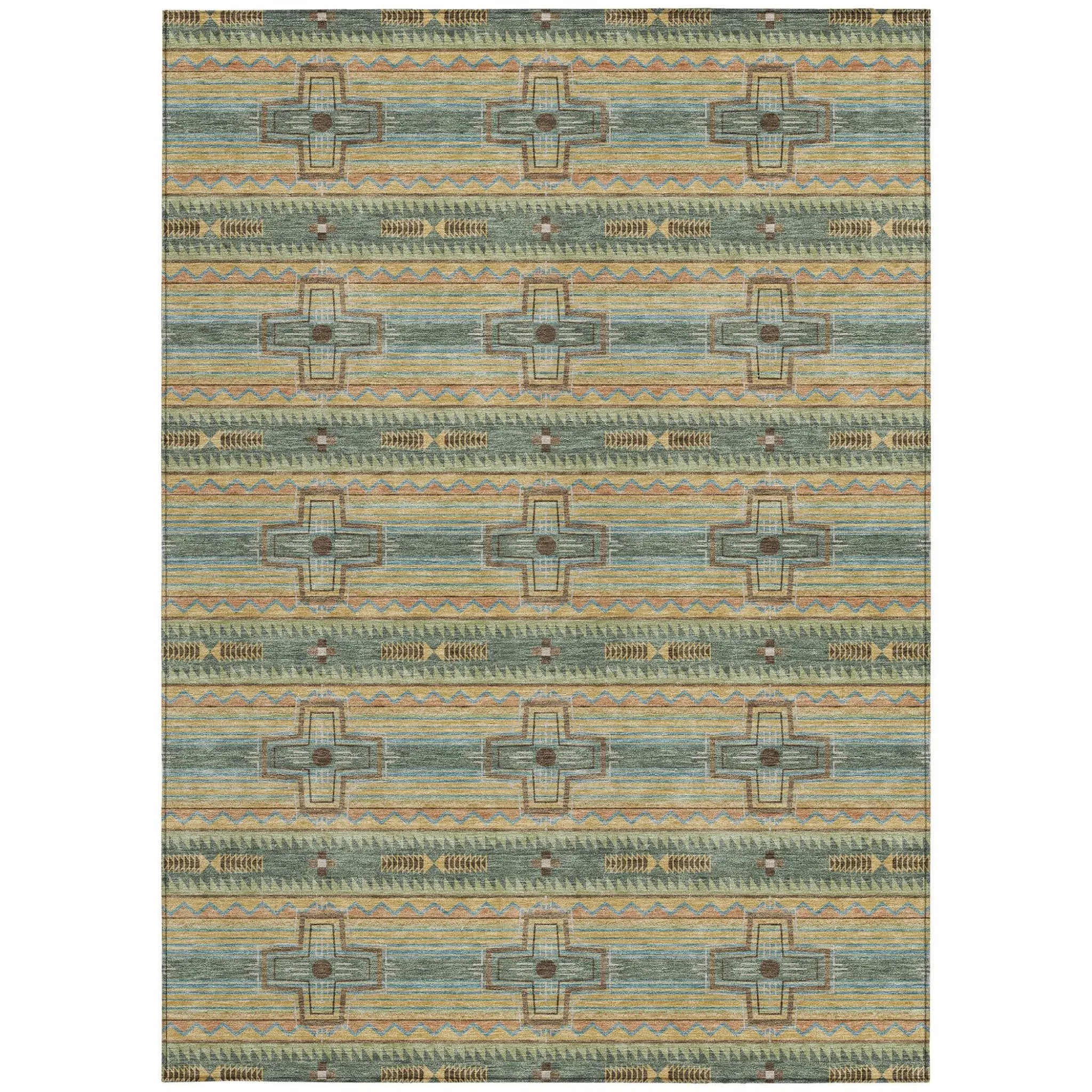 10' X 14' Green And Beige Tribal Washable Indoor Outdoor Area Rug Homeroots Outdoor
