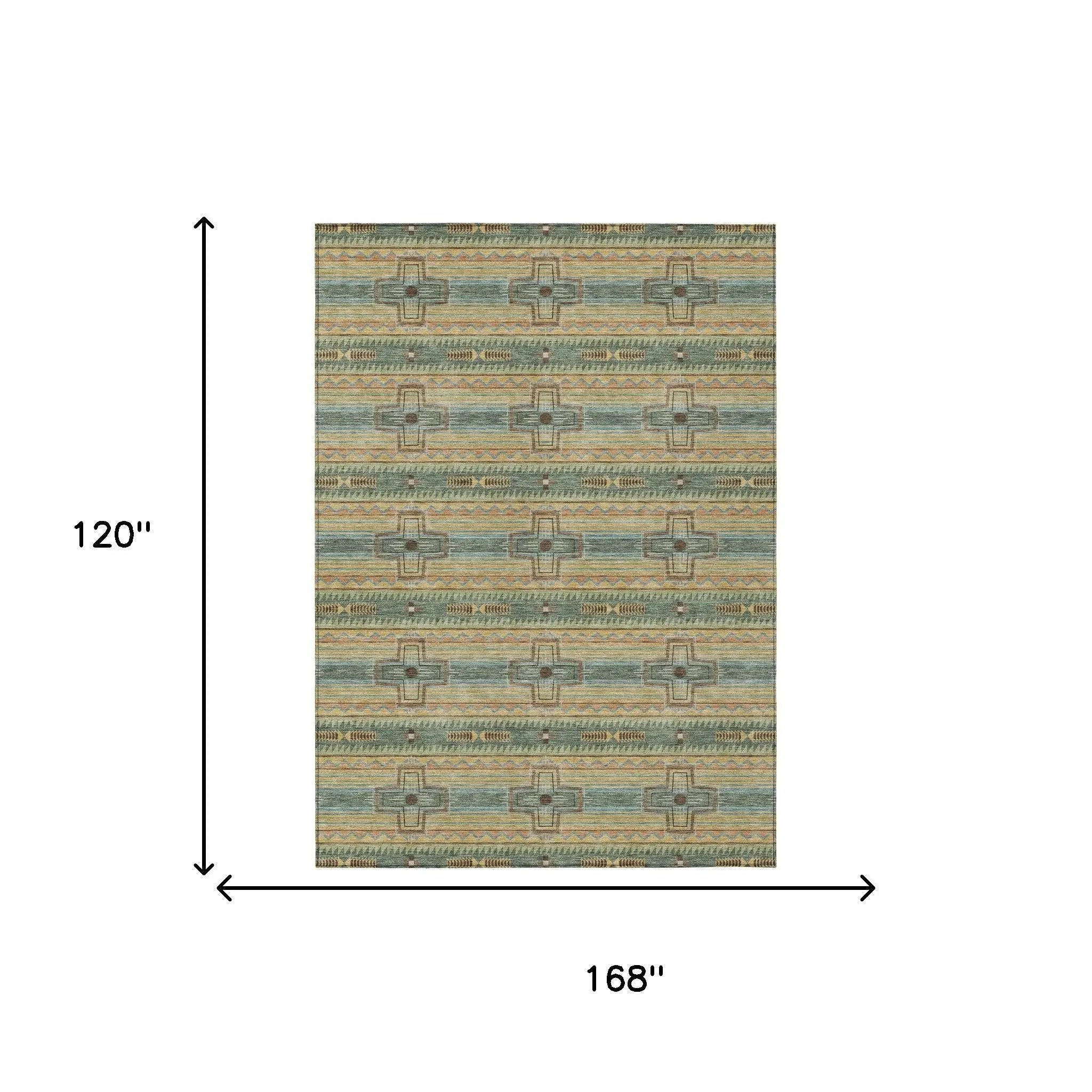 10' X 14' Green And Beige Tribal Washable Indoor Outdoor Area Rug Homeroots Outdoor