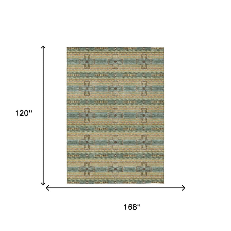 10' X 14' Green And Beige Tribal Washable Indoor Outdoor Area Rug Homeroots Outdoor