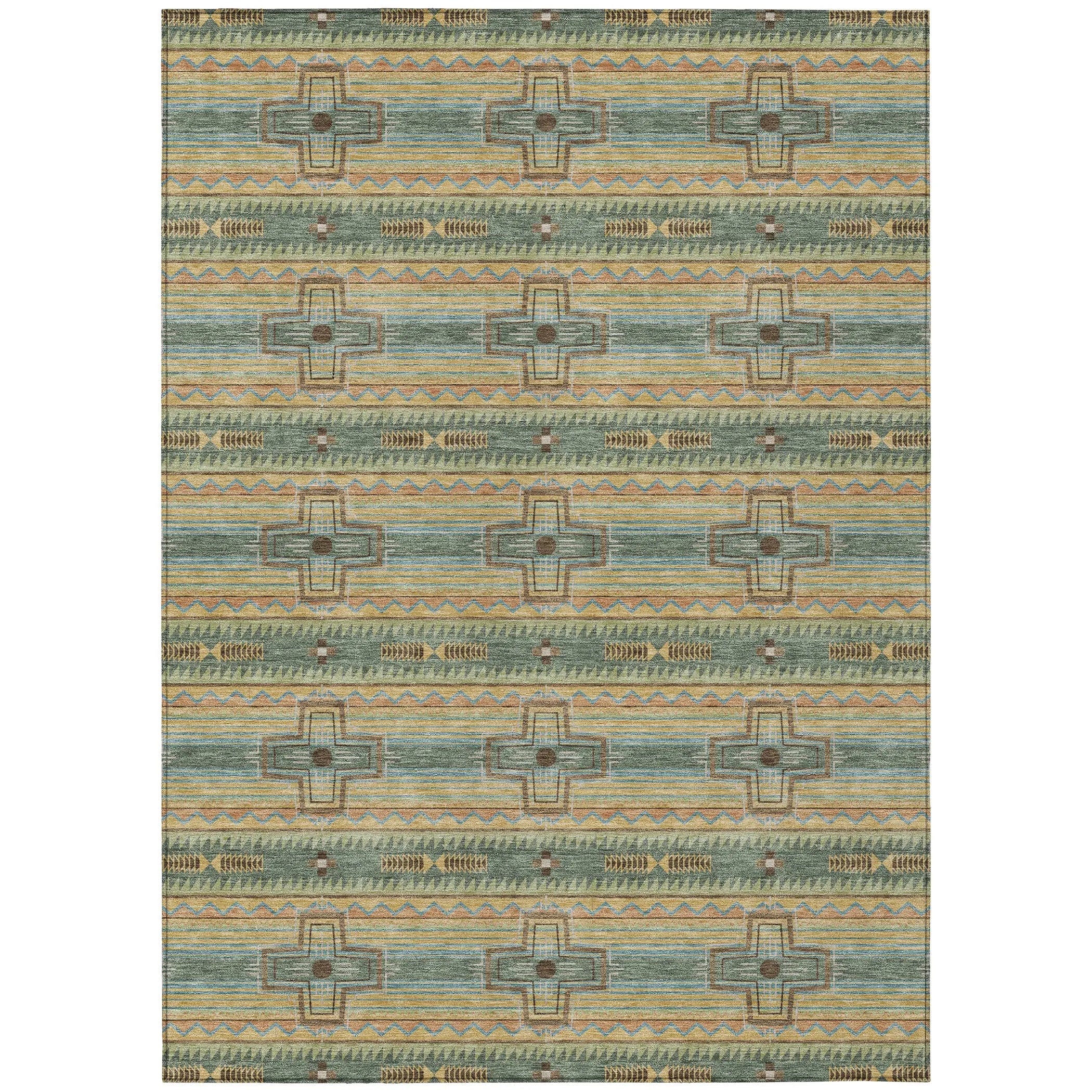 10' X 14' Green And Beige Tribal Washable Indoor Outdoor Area Rug Homeroots Outdoor