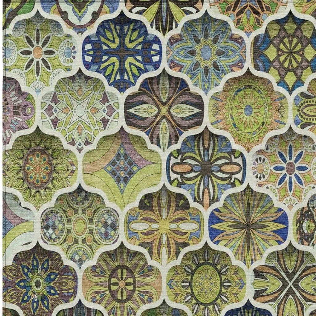 10' X 14' Green And Blue Ogee Washable Indoor Outdoor Area Rug Homeroots Outdoor