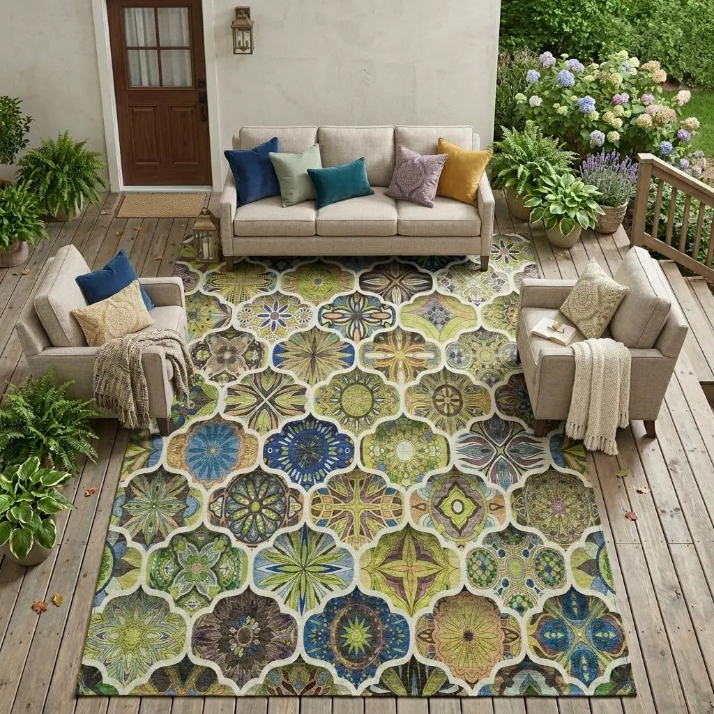 10' X 14' Green And Blue Ogee Washable Indoor Outdoor Area Rug Homeroots Outdoor