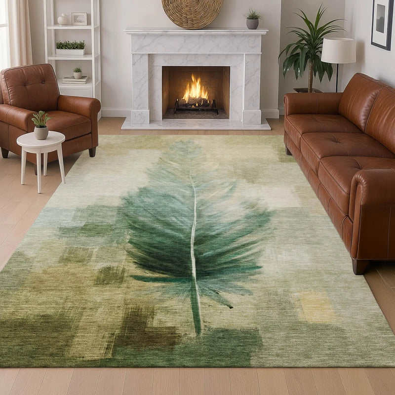 10' X 14' Green And Brown Botanical Leaves Washable Indoor Outdoor Area Rug Homeroots Outdoor