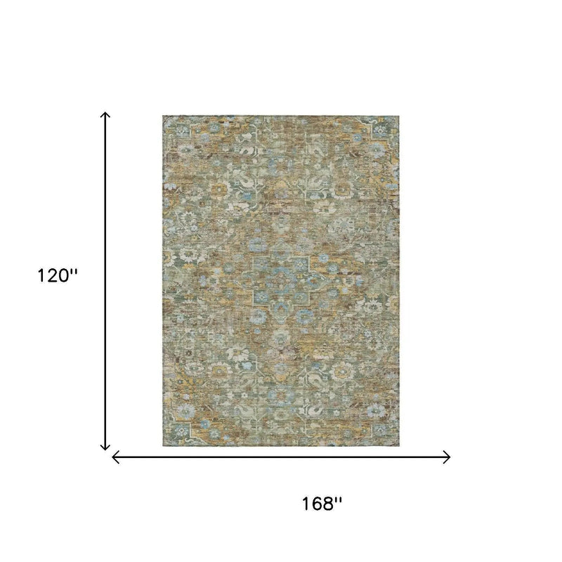 10' X 14' Green And Brown Floral Medallion Washable Indoor Outdoor Area Rug Homeroots Outdoor