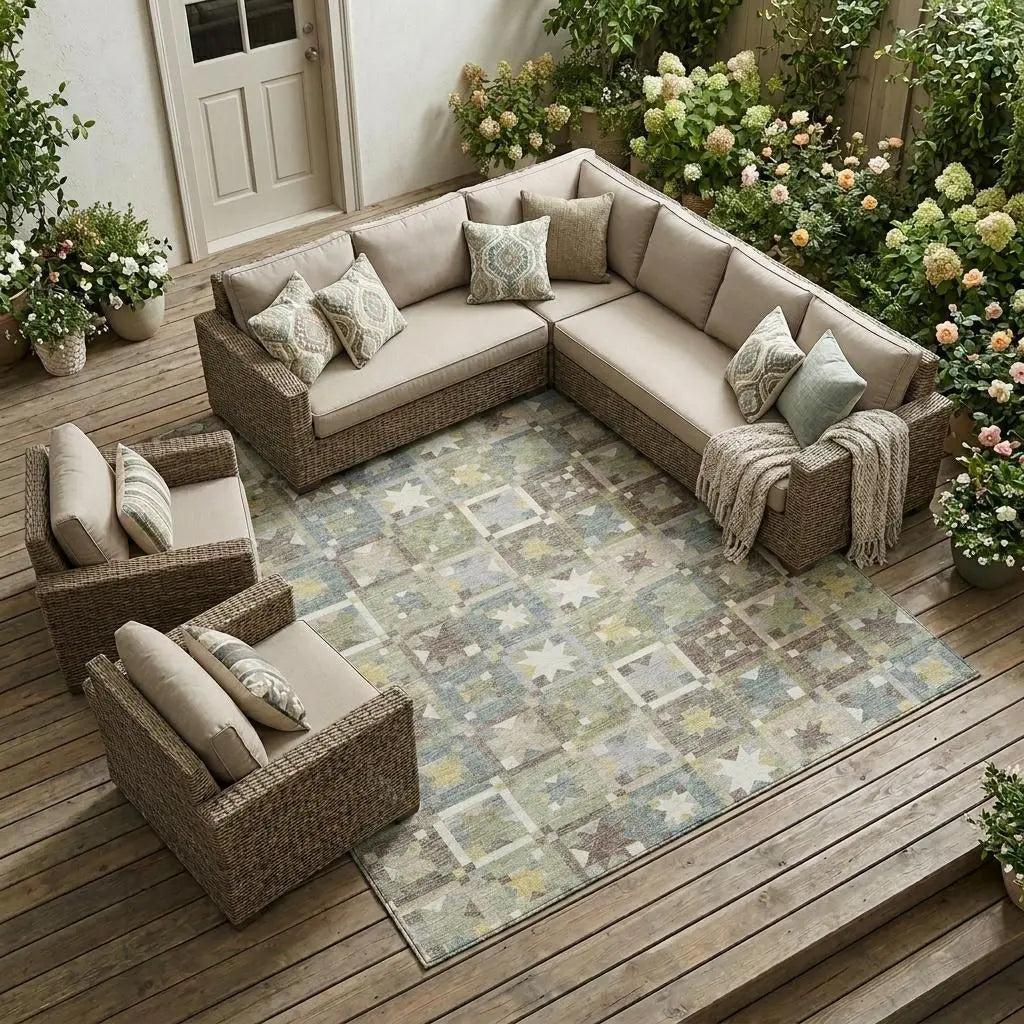 10' X 14' Green And Brown Patchwork Washable Indoor Outdoor Area Rug Homeroots Outdoor