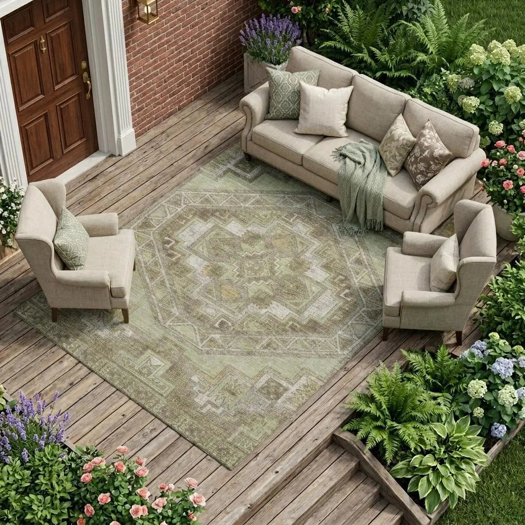 10' X 14' Green And Brown Southwestern Washable Indoor Outdoor Area Rug Homeroots Outdoor