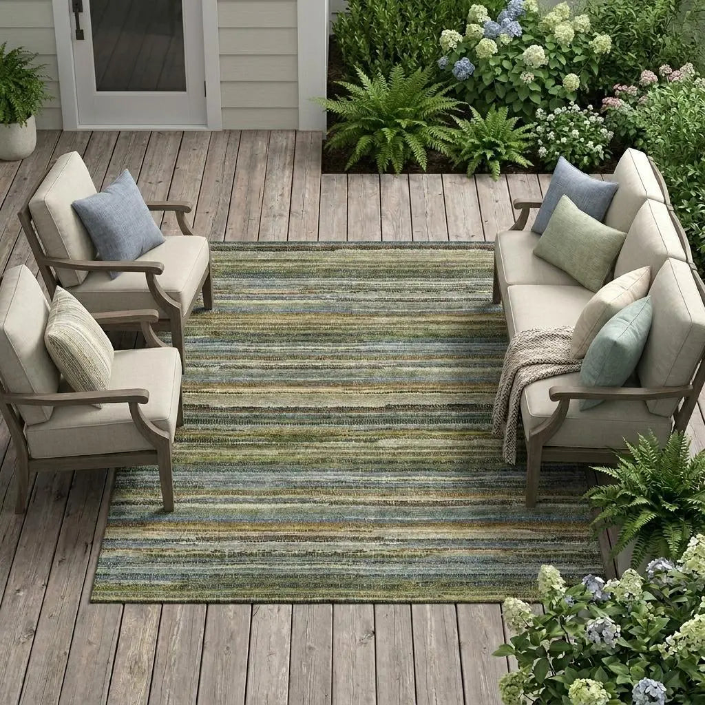 10' X 14' Green And Brown Striped Washable Indoor Outdoor Area Rug Homeroots Outdoor