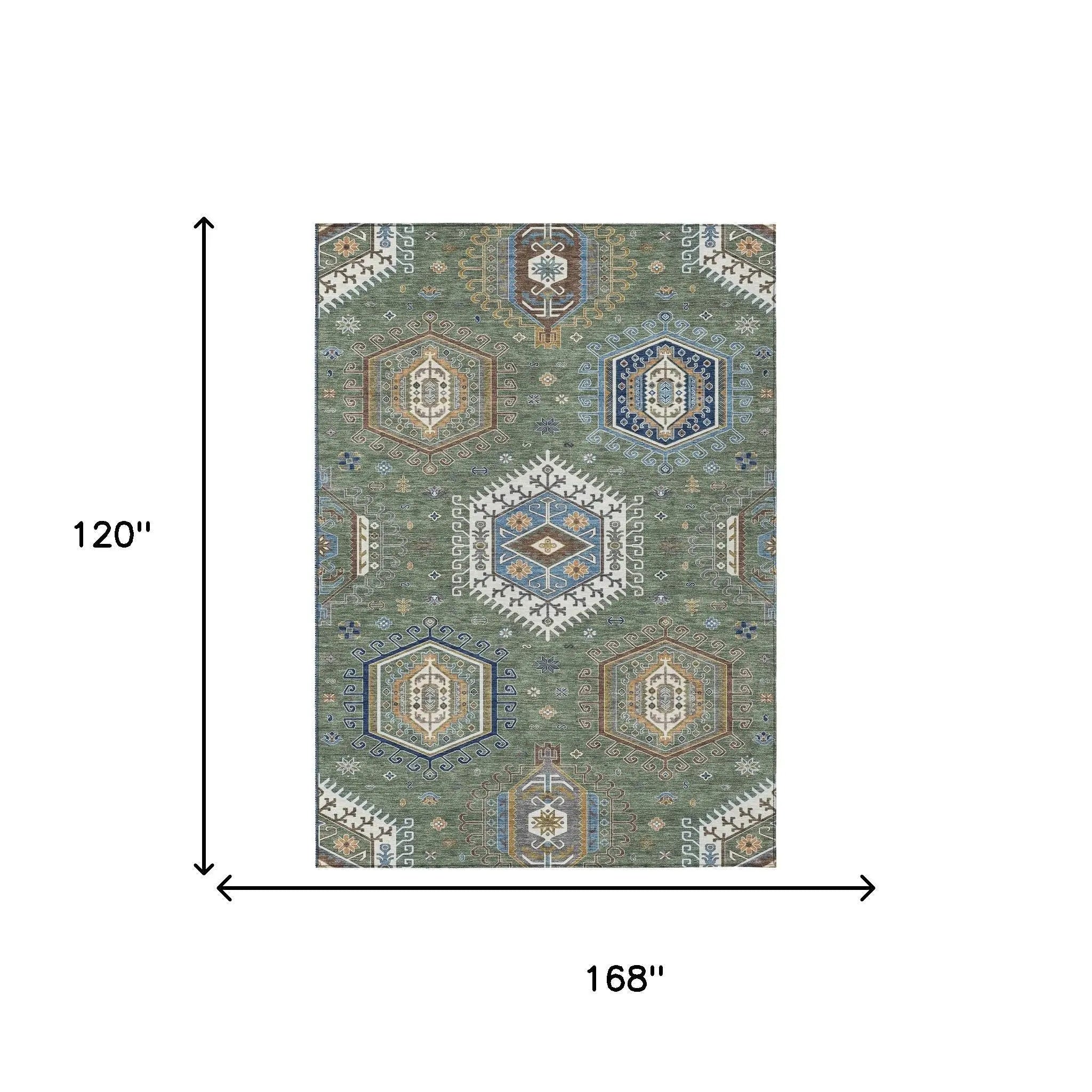10' X 14' Green And Brown Tribal Washable Indoor Outdoor Area Rug Homeroots Outdoor