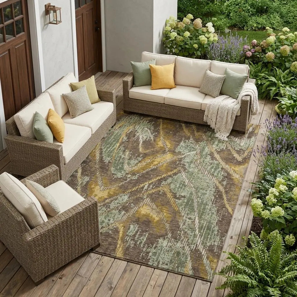 10' X 14' Green And Chocolate Abstract Washable Indoor Outdoor Area Rug Homeroots Outdoor