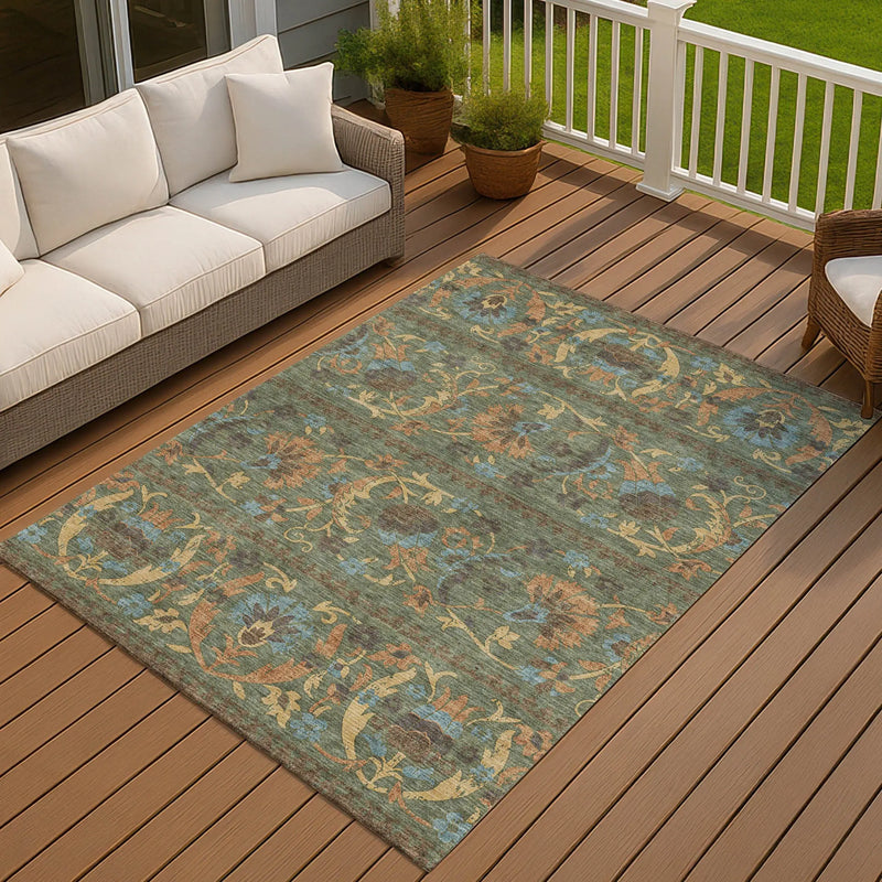 10' X 14' Green And Copper Floral Washable Indoor Outdoor Area Rug Homeroots Outdoor