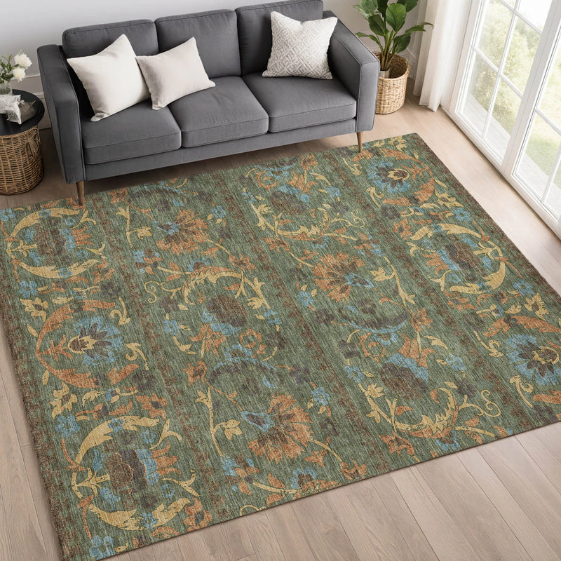 10' X 14' Green And Copper Floral Washable Indoor Outdoor Area Rug Homeroots Outdoor