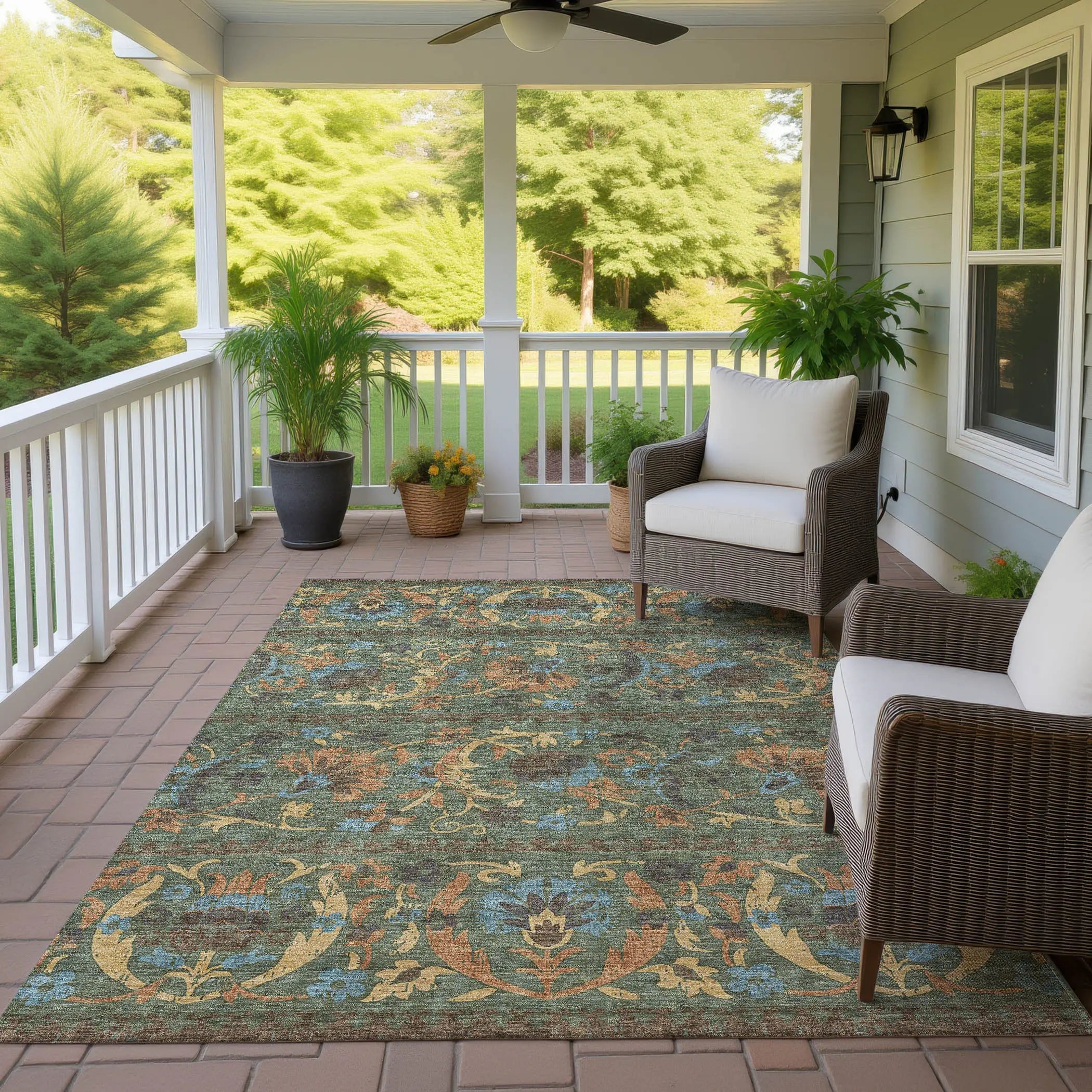 10' X 14' Green And Copper Floral Washable Indoor Outdoor Area Rug Homeroots Outdoor