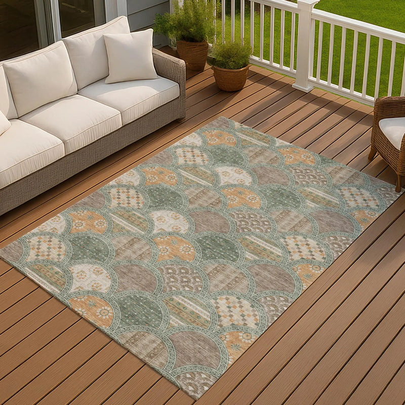 10' X 14' Green And Copper Geometric Washable Indoor Outdoor Area Rug Homeroots Outdoor
