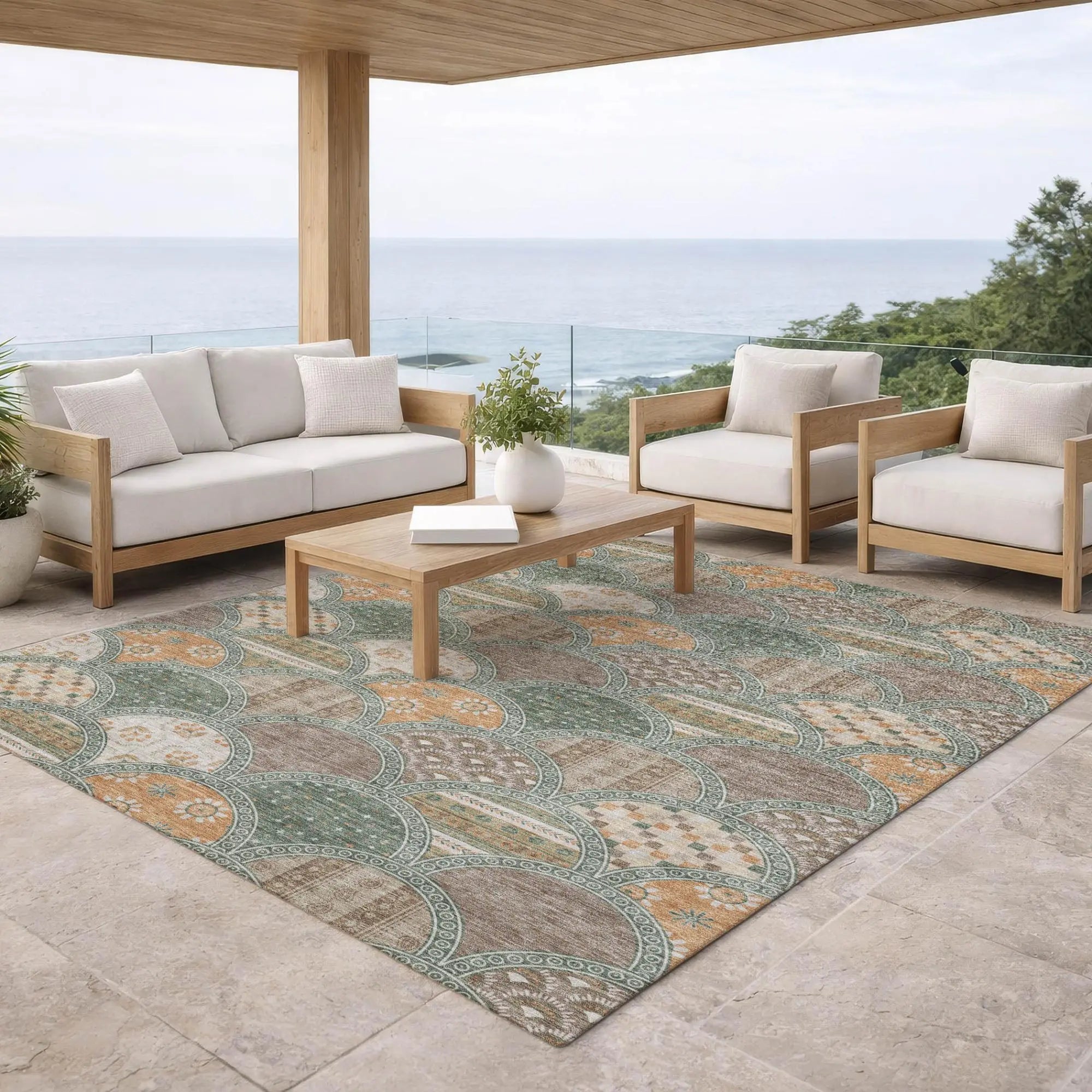 10' X 14' Green And Copper Geometric Washable Indoor Outdoor Area Rug Homeroots Outdoor