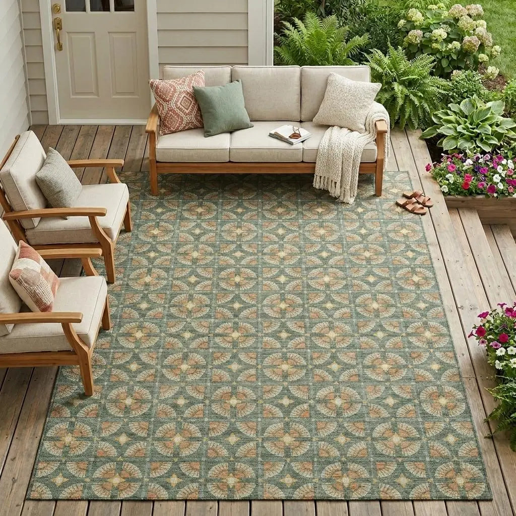 10' X 14' Green And Copper Geometric Washable Indoor Outdoor Area Rug Homeroots Outdoor