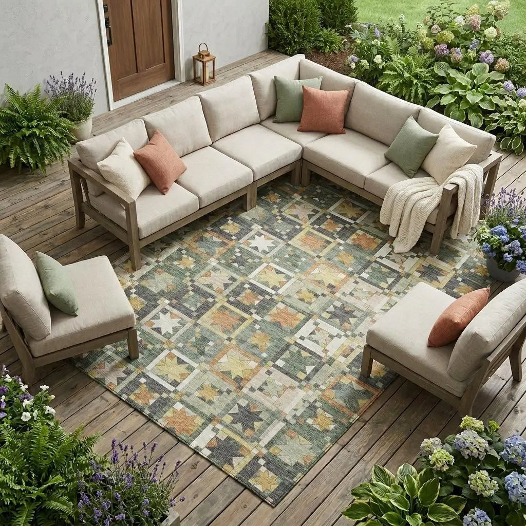 10' X 14' Green And Copper Patchwork Washable Indoor Outdoor Area Rug Homeroots Outdoor