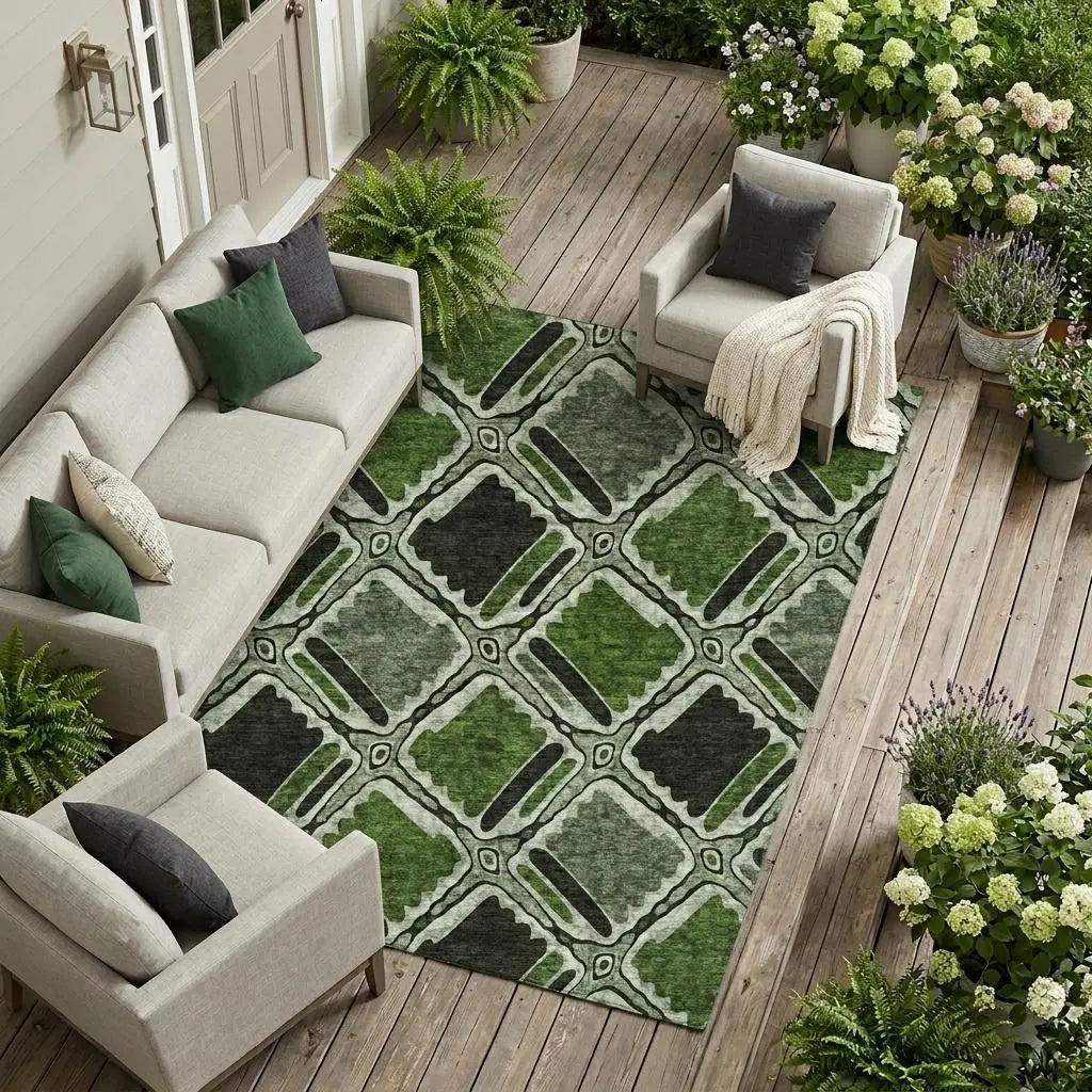 10' X 14' Green And Emerald Geometric Washable Indoor Outdoor Area Rug Homeroots Outdoor