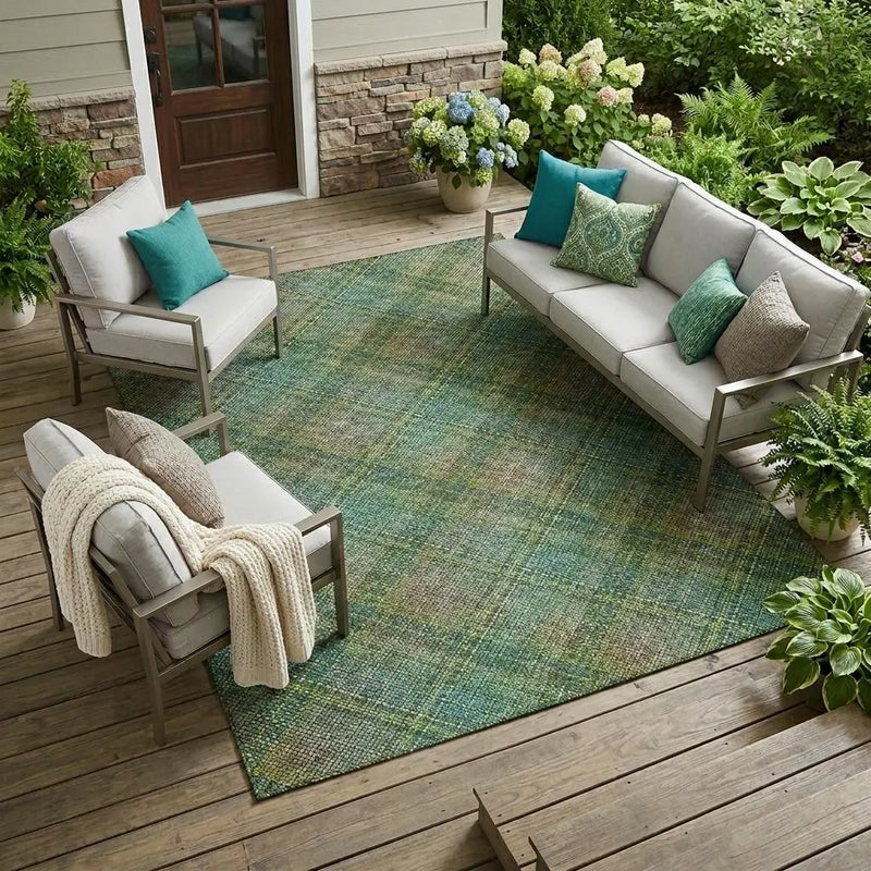 10' X 14' Green And Emerald Plaid Washable Indoor Outdoor Area Rug Homeroots Outdoor