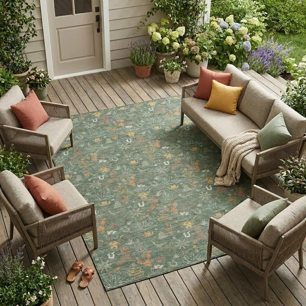 10' X 14' Green And Gold Cactus Washable Indoor Outdoor Area Rug Homeroots Outdoor