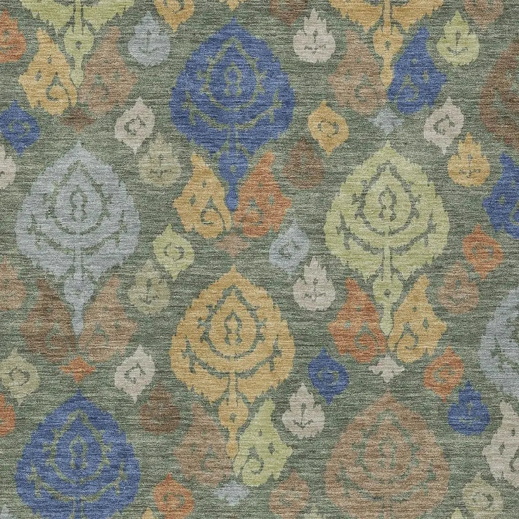 10' X 14' Green And Gold Damask Washable Indoor Outdoor Area Rug Homeroots Outdoor