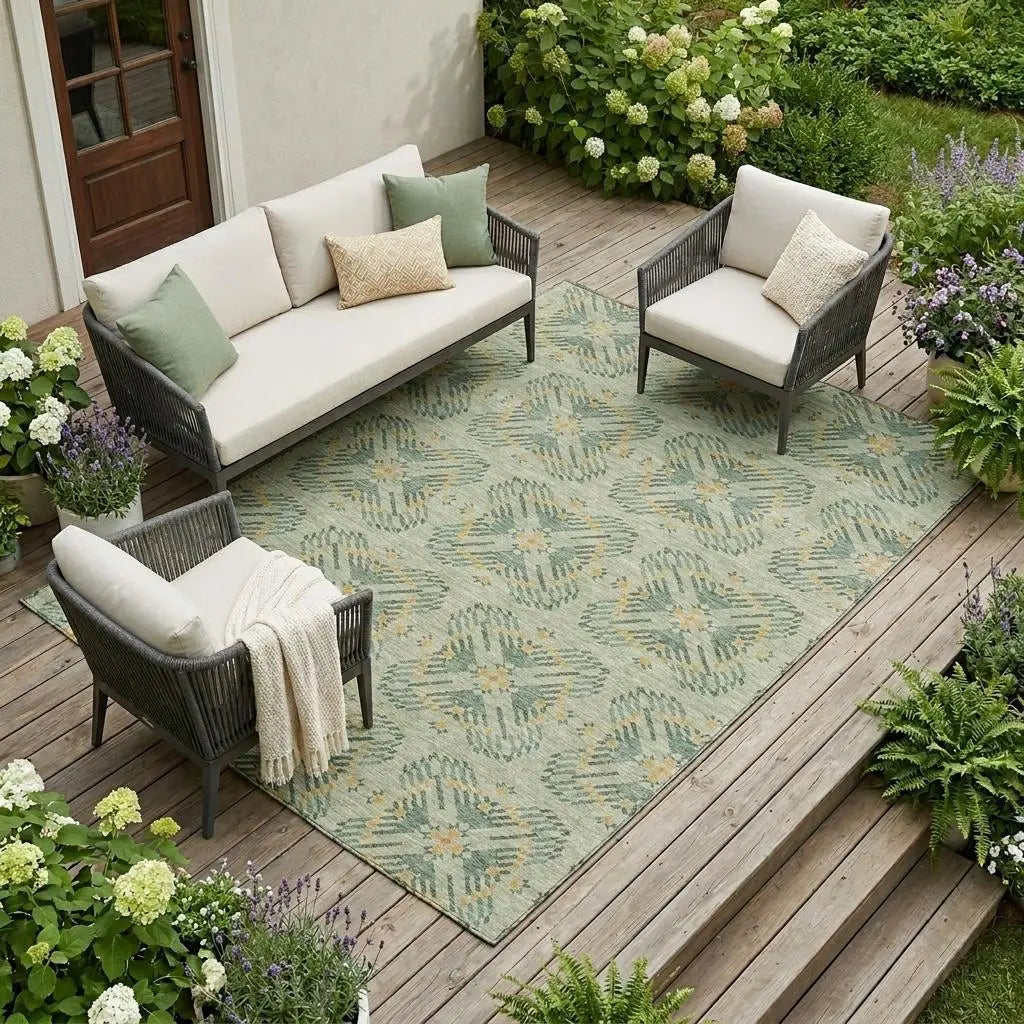 10' X 14' Green And Gold Geometric Washable Indoor Outdoor Area Rug Homeroots Outdoor