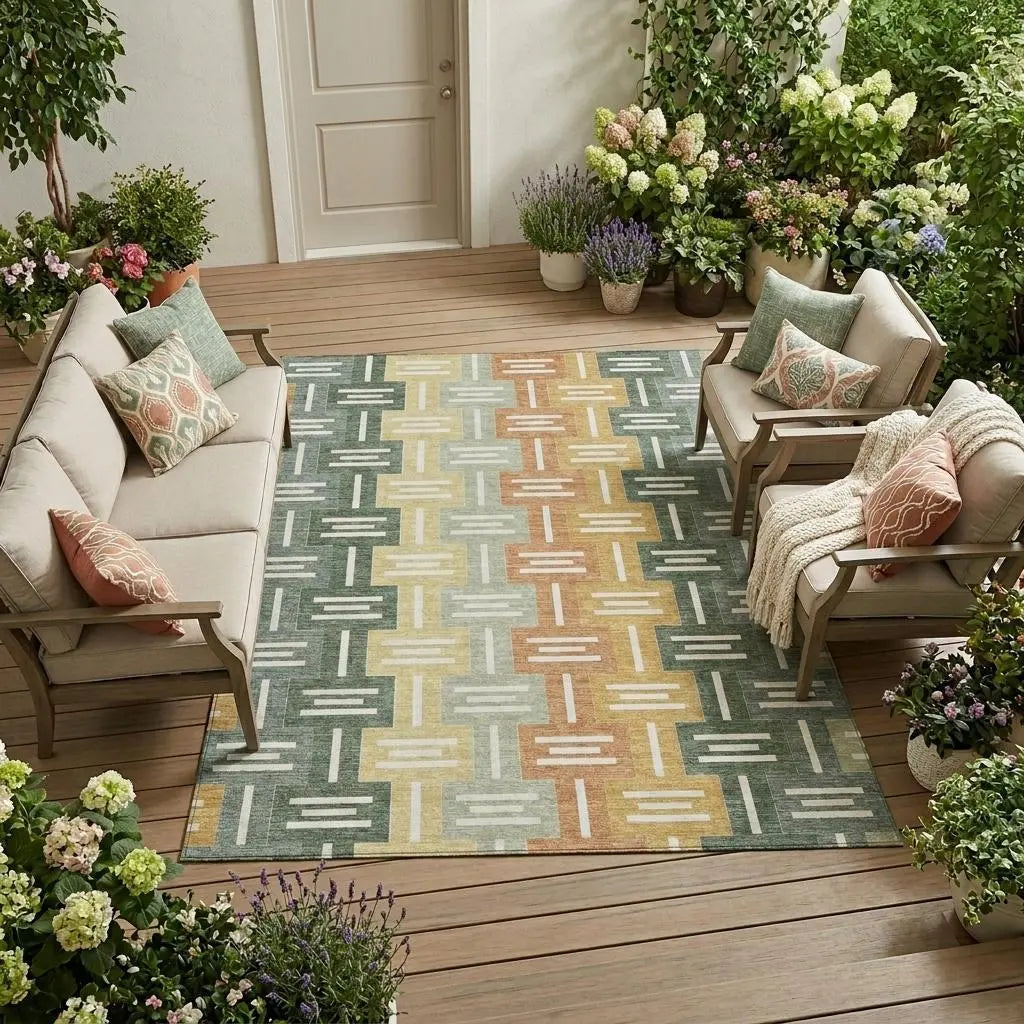 10' X 14' Green And Gold Geometric Washable Indoor Outdoor Area Rug Homeroots Outdoor