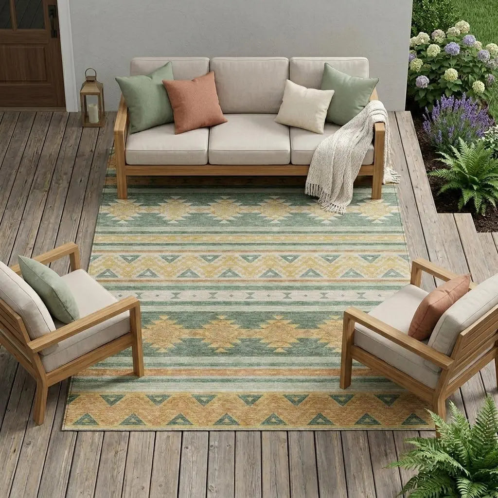 10' X 14' Green And Gold Southwestern Washable Indoor Outdoor Area Rug Homeroots Outdoor