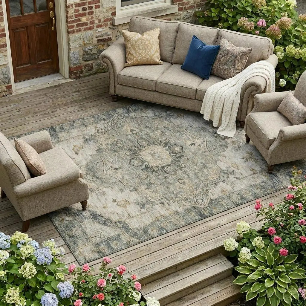 10' X 14' Green And Graphite Floral Medallion Washable Indoor Outdoor Area Rug Homeroots Outdoor