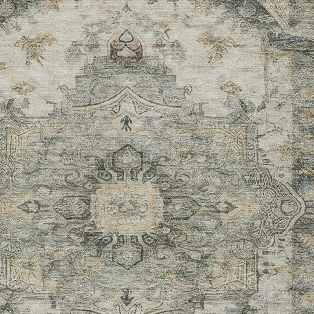 10' X 14' Green And Graphite Floral Medallion Washable Indoor Outdoor Area Rug Homeroots Outdoor