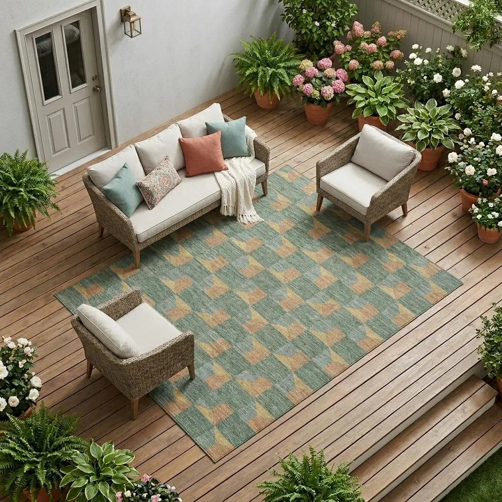 10' X 14' Green And Gray Geometric Washable Indoor Outdoor Area Rug Homeroots Outdoor