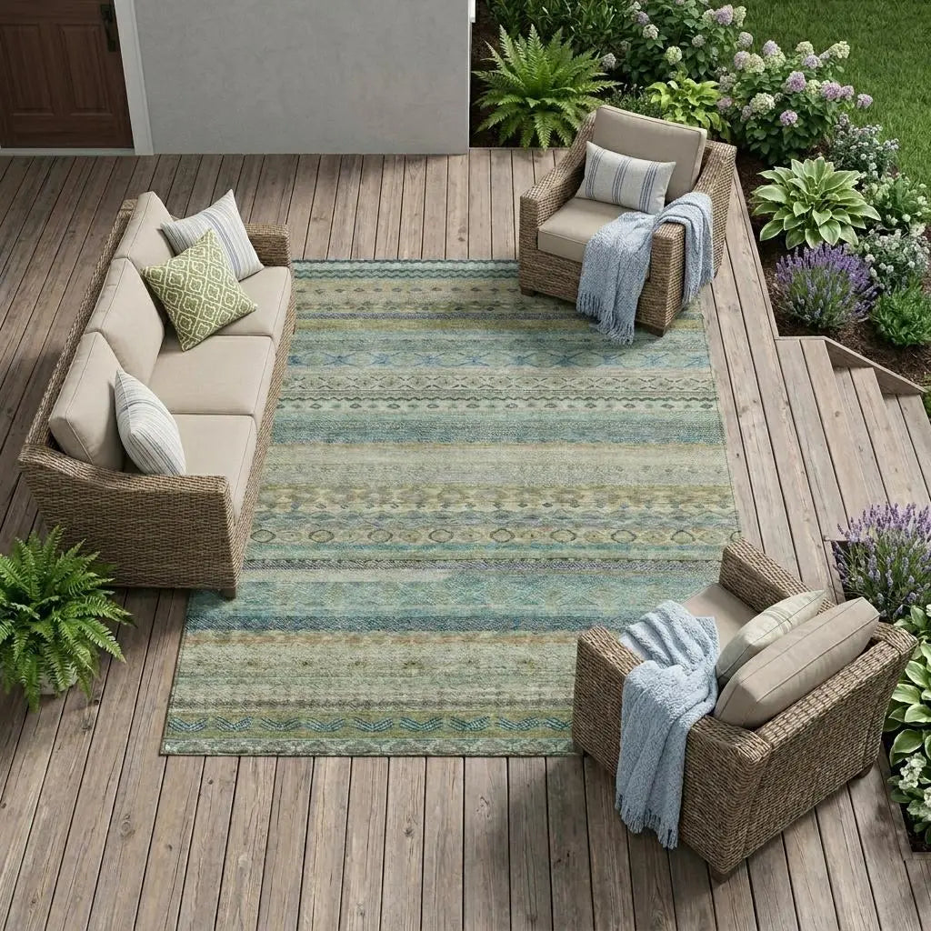 10' X 14' Green And Gray Striped Washable Indoor Outdoor Area Rug Homeroots Outdoor