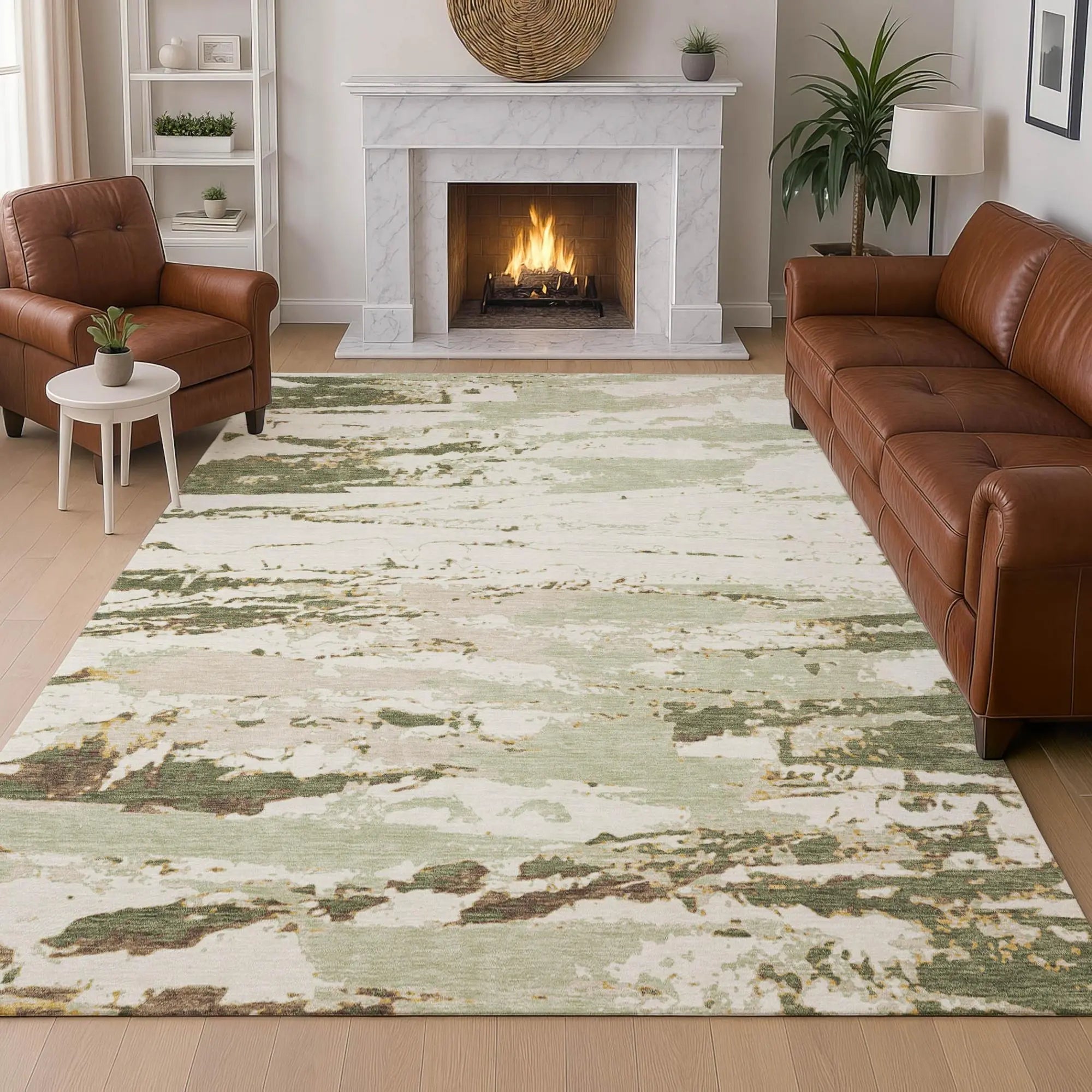 10' X 14' Green And Ivory Abstract Washable Indoor Outdoor Area Rug Homeroots Outdoor