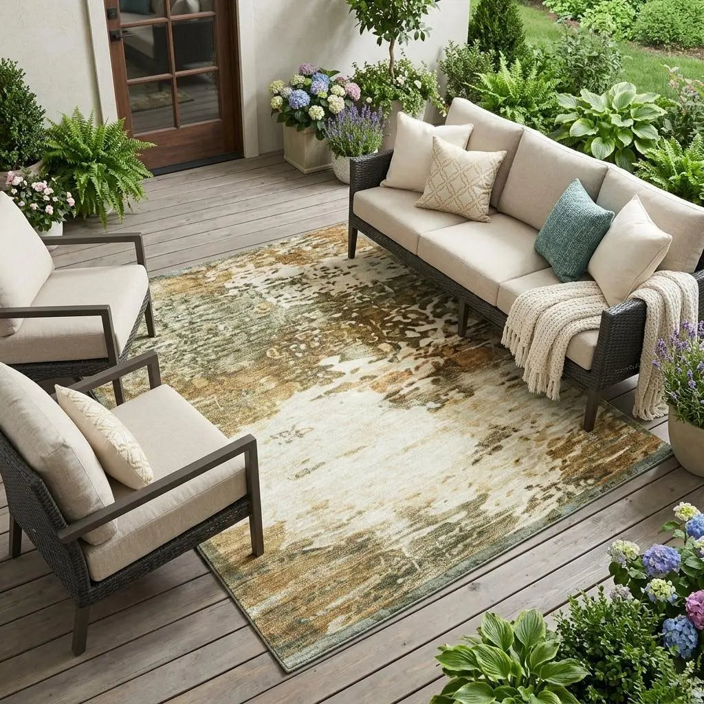 10' X 14' Green And Ivory Abstract Washable Indoor Outdoor Area Rug Homeroots Outdoor