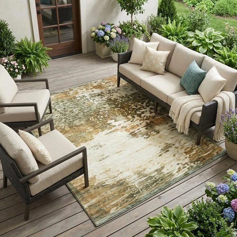 10' X 14' Green And Ivory Abstract Washable Indoor Outdoor Area Rug Homeroots Outdoor
