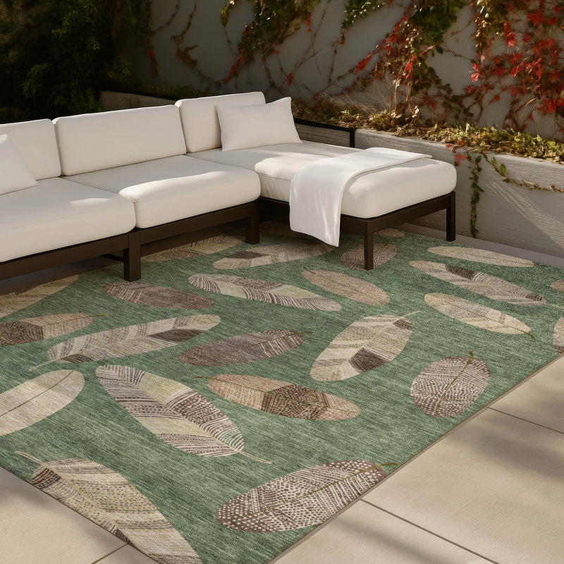 10' X 14' Green And Ivory Botanical Leaves Washable Indoor Outdoor Area Rug Homeroots Outdoor