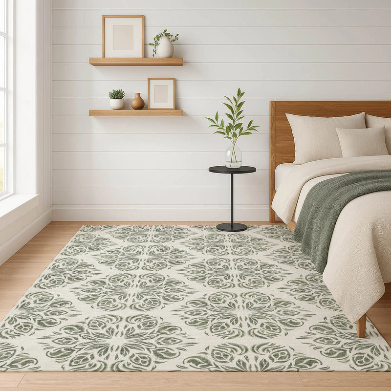 10' X 14' Green And Ivory Damask Washable Indoor Outdoor Area Rug Homeroots Outdoor