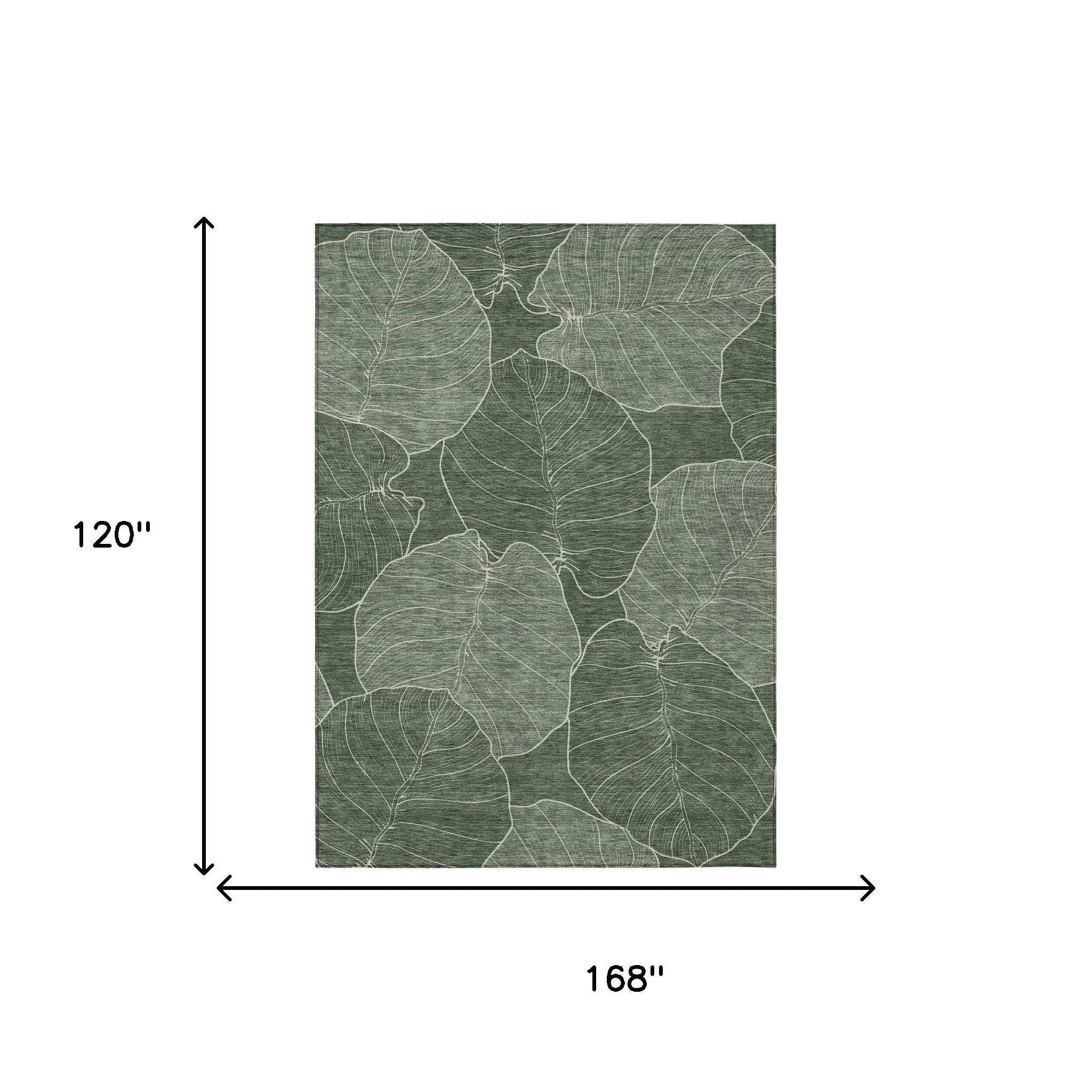 Green leaf patterned area rug, 120" x 168", made of durable, soft material, perfect for modern home decor.