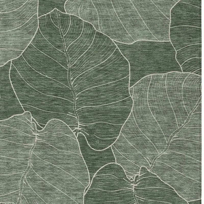 Green leaf-patterned wallpaper with intricate white line detailing on textured background, perfect for modern decor.