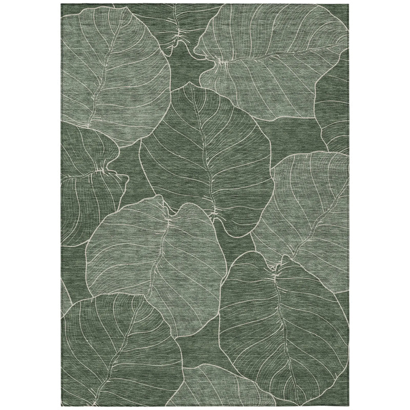 Green leaf-patterned area rug with textured fabric, perfect for adding a touch of nature to your home decor.