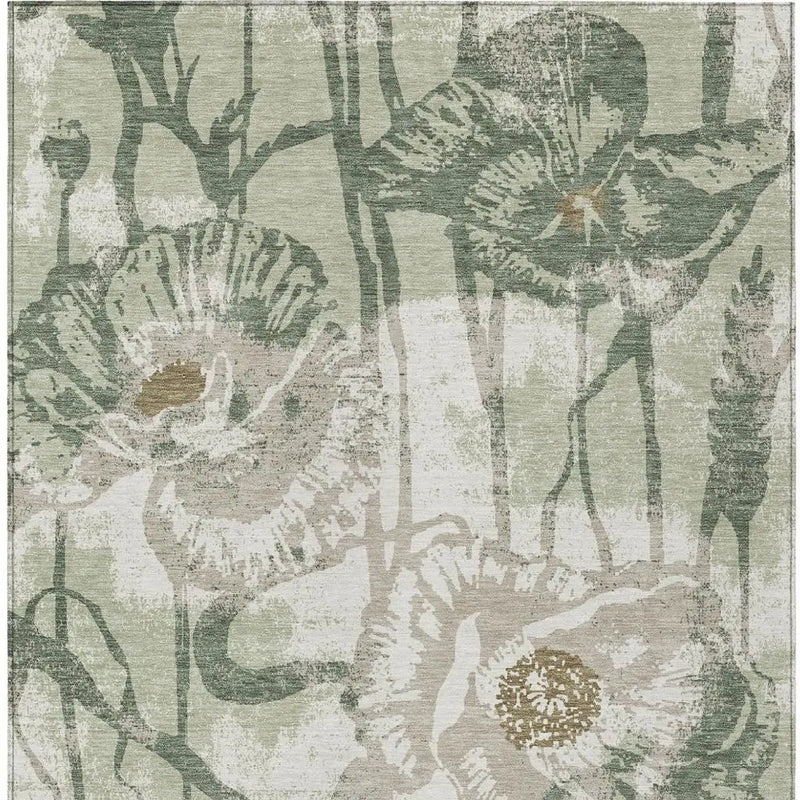 10' X 14' Green And Ivory Floral Washable Indoor Outdoor Area Rug Homeroots Outdoor