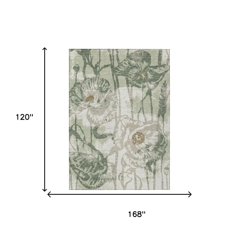 10' X 14' Green And Ivory Floral Washable Indoor Outdoor Area Rug Homeroots Outdoor