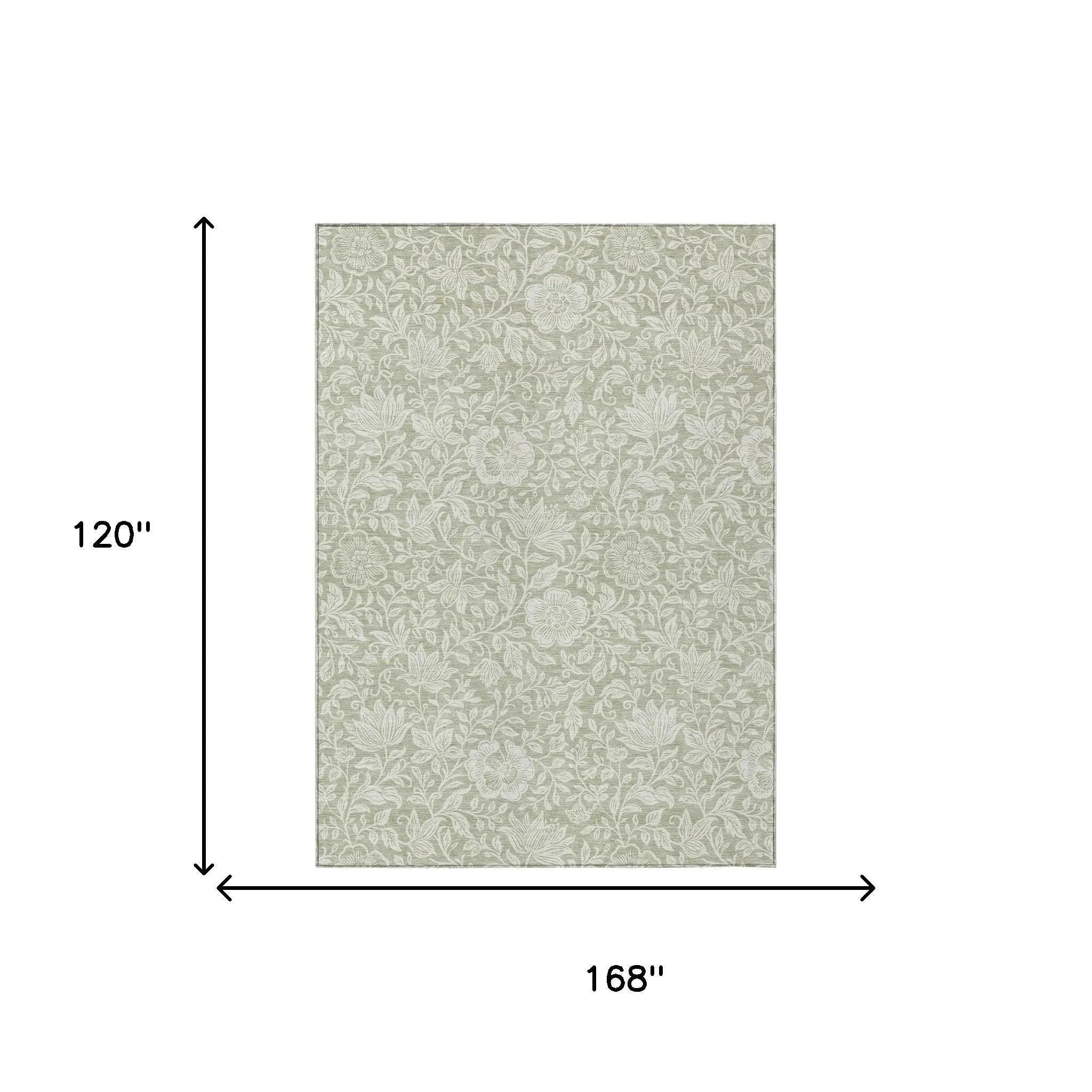 10' X 14' Green And Ivory Floral Washable Indoor Outdoor Area Rug Homeroots Outdoor