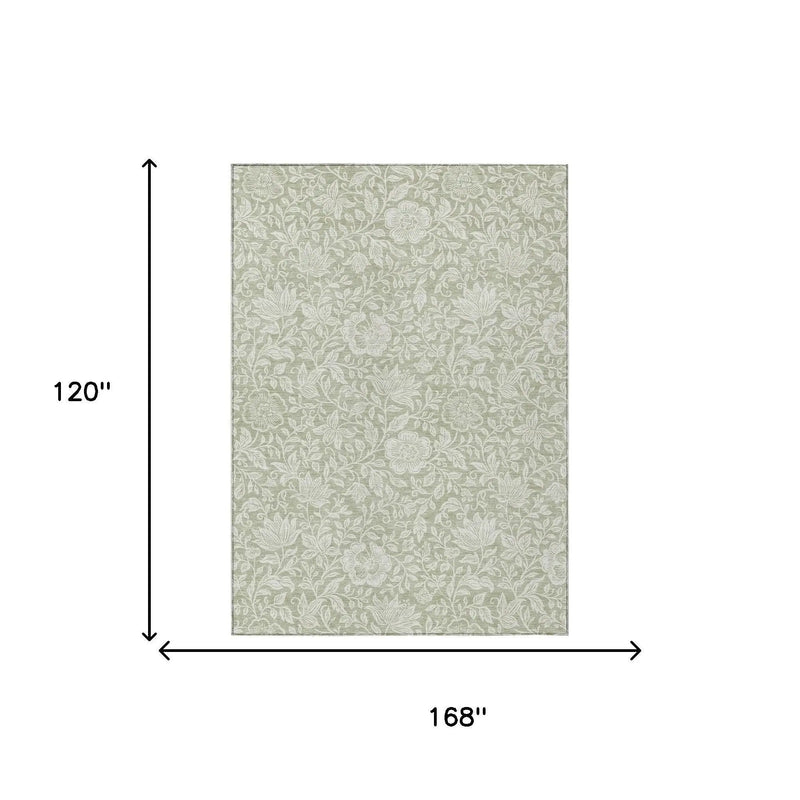 10' X 14' Green And Ivory Floral Washable Indoor Outdoor Area Rug Homeroots Outdoor