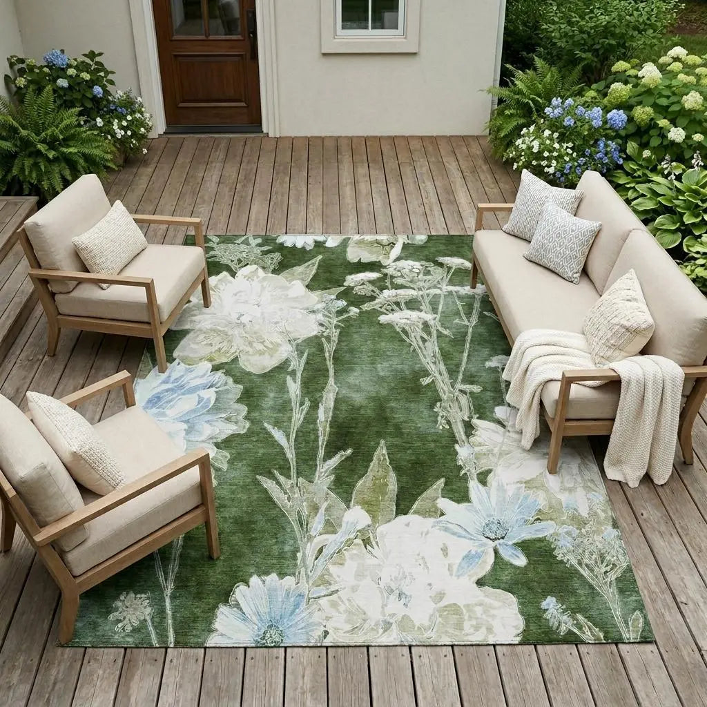 10' X 14' Green And Ivory Floral Washable Indoor Outdoor Area Rug Homeroots Outdoor